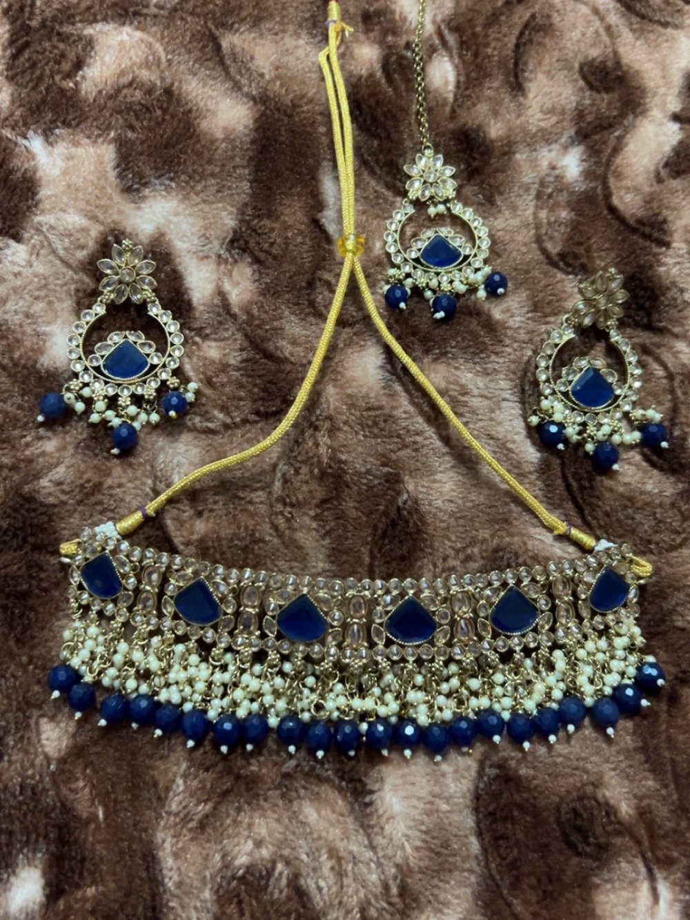 Gold and Blue Kundan Choker Necklace Set - Women Jewelry
